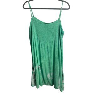 Earthbound Size Large Smocked Dress Green Gauze Embroidered Hippie Boho Tie Dye